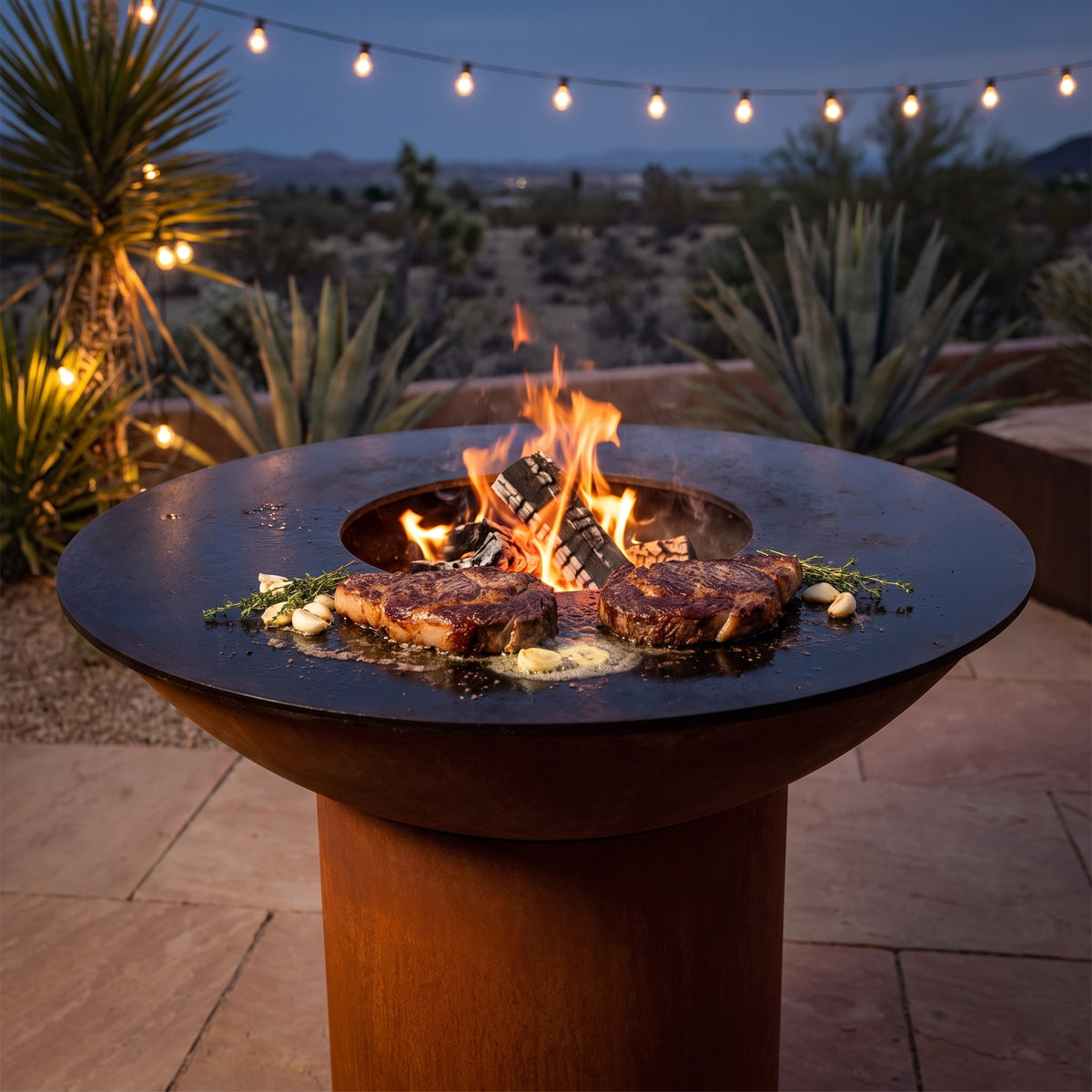 Thick ribeye steaks searing in garlic thyme butter on an Arteflame wood-fired flat-top grill with a round Corten steel base