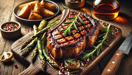 A perfectly grilled ribeye steak with a caramelized crust, garnished with rosemary, served alongside grilled asparagus and roasted potatoes on a rustic wooden board.