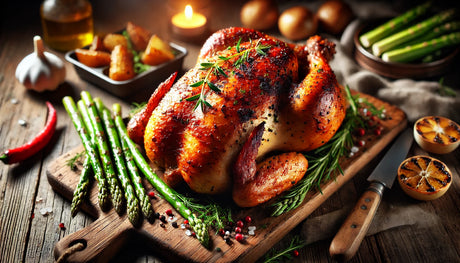 A perfectly grilled rotisserie chicken with crispy golden skin, garnished with herbs, on a cutting board surrounded by grilled vegetables.