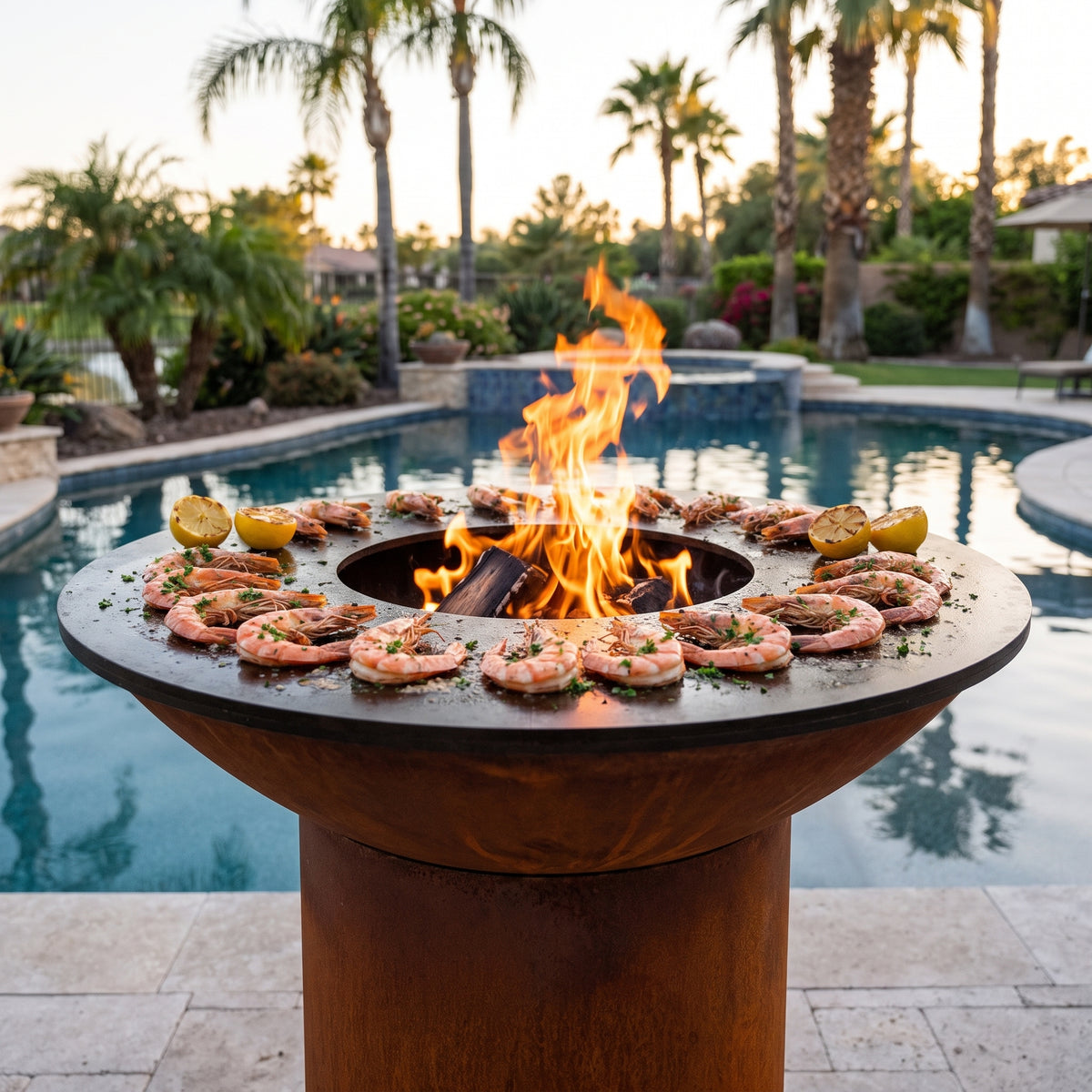 Garlic butter shrimp grilling on an Arteflame wood-fired flat-top grill with a round Corten steel base