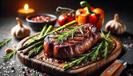 A perfectly grilled steak with a seared crust, garnished with rosemary, served on a wooden board with grilled vegetables like asparagus and bell peppers.