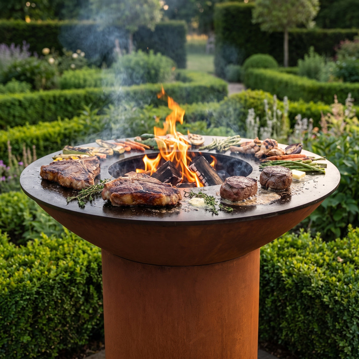 Arteflame wood-fired flat-top grill with round Corten steel base: Grill Steakhouse-Quality Steaks