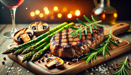 A perfectly grilled steak with grill marks, garnished with rosemary and served on a wooden board, surrounded by grilled vegetables.