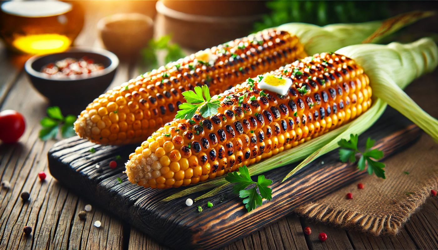 Perfectly grilled sweet corn on the cob with charred kernels, brushed with melted butter and garnished with parsley, served on a rustic wooden board in a warm outdoor setting.