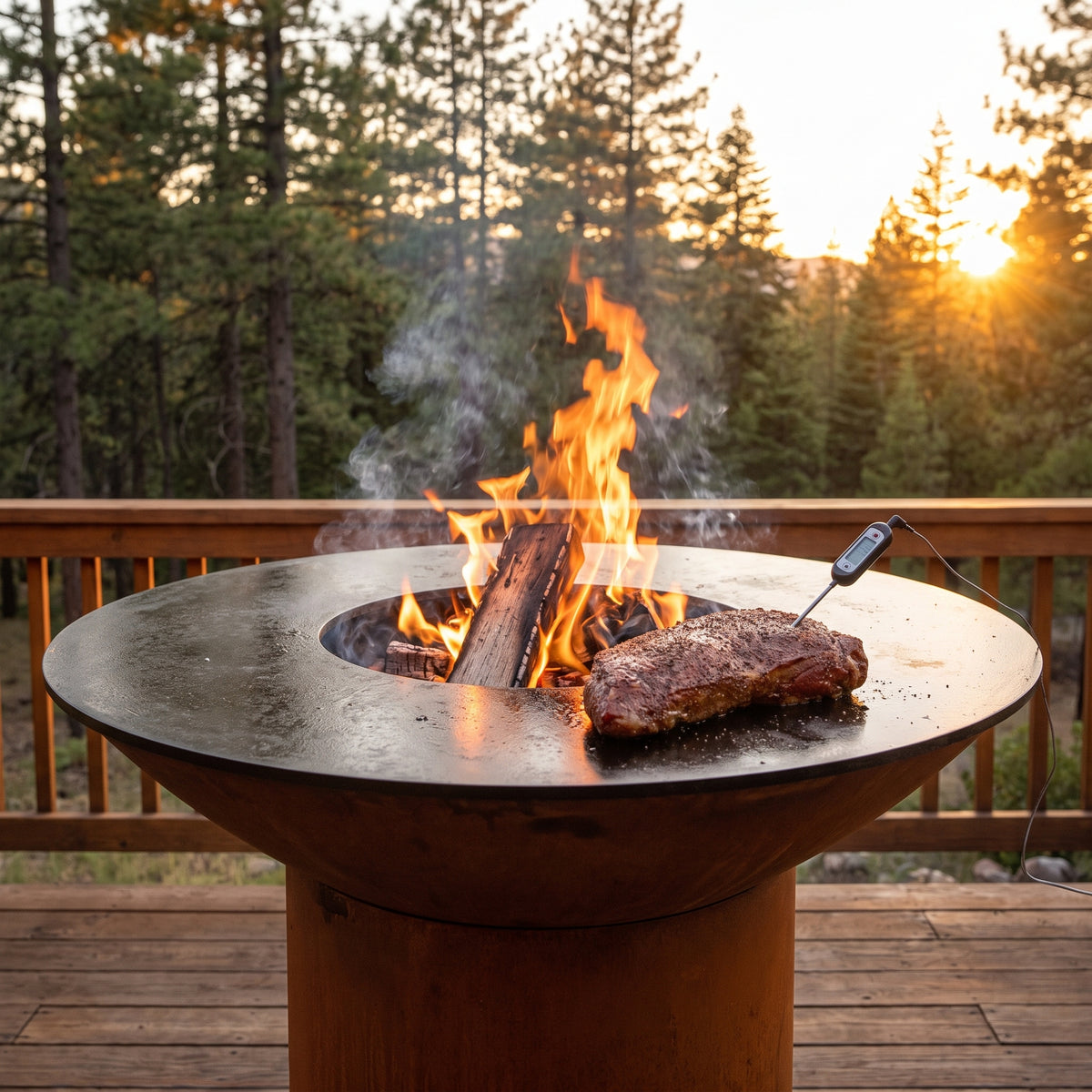 Tri-tip roast getting a final reverse sear on an Arteflame wood-fired flat-top grill with a round Corten steel base