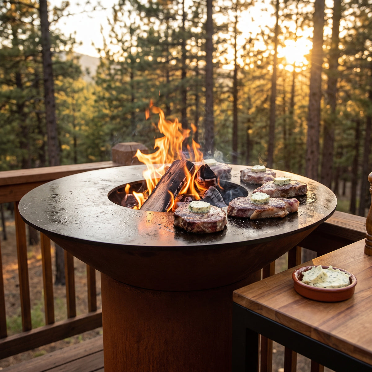 Arteflame wood-fired flat-top grill with round Corten steel base: How to Grill With Butter and Compound Butters
