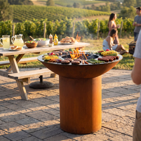 Arteflame wood-fired flat-top grill with round Corten steel base: How to Host a Backyard BBQ