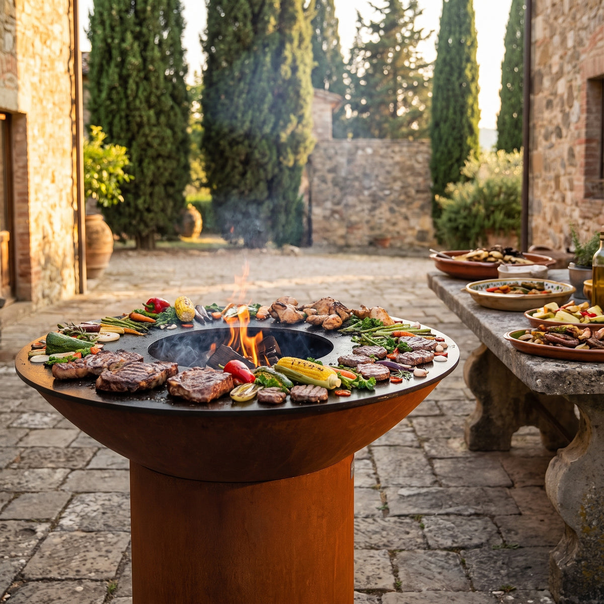 Arteflame wood-fired flat-top grill with round Corten steel base: How to Keep Food Warm on the Grill While Serving