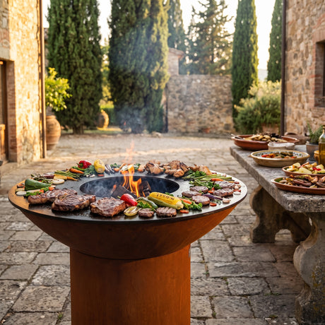 Arteflame wood-fired flat-top grill with round Corten steel base: How to Keep Food Warm on the Grill While Serving