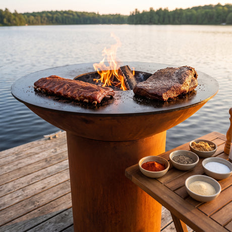 Dry rub spices beside rubbed ribs and brisket on an Arteflame wood-fired flat-top grill with a round Corten steel base