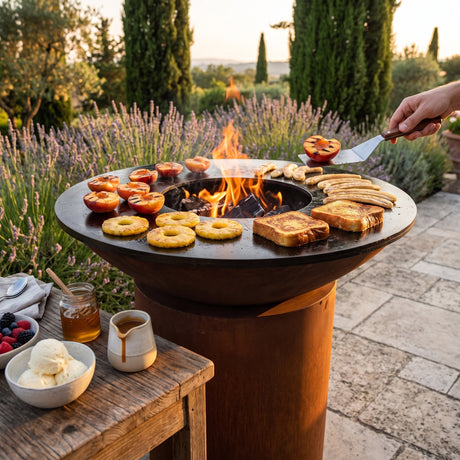 Grilled peaches, pineapple rings, French toast and bananas cooking on an Arteflame flat-top grill with a round Corten steel base, with ice cream and berries on the side