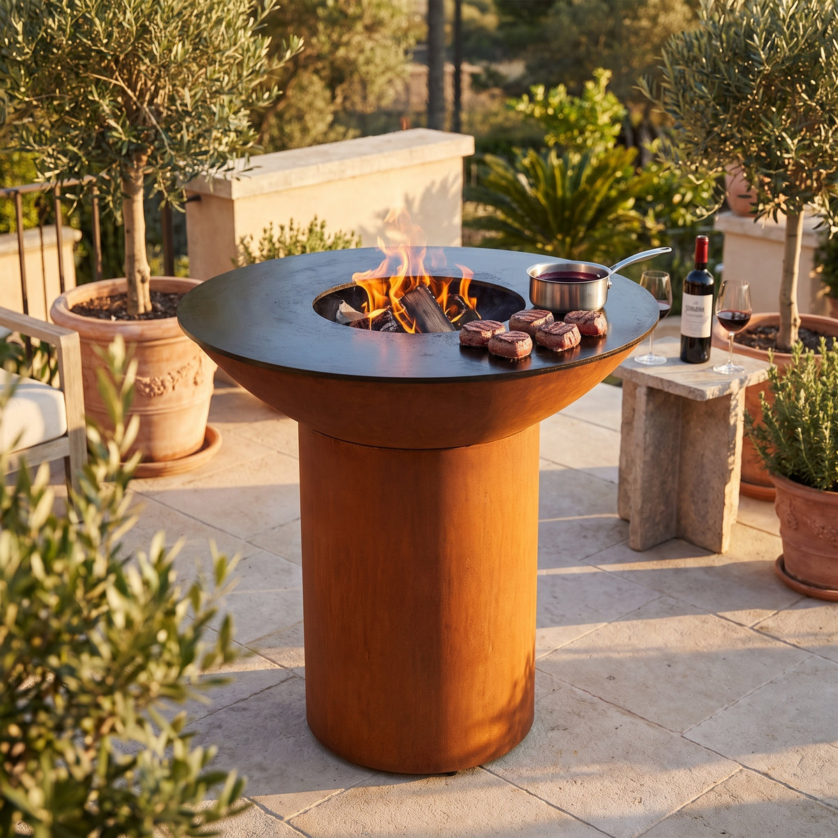 Arteflame wood-fired flat-top grill with round Corten steel base: How to Make a Red Wine Reduction