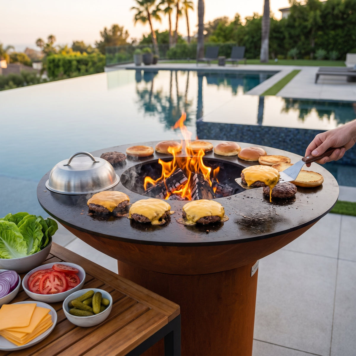 Cheeseburger patties with melting cheddar and a melting dome on an Arteflame flat-top grill with a round Corten steel base beside a pool