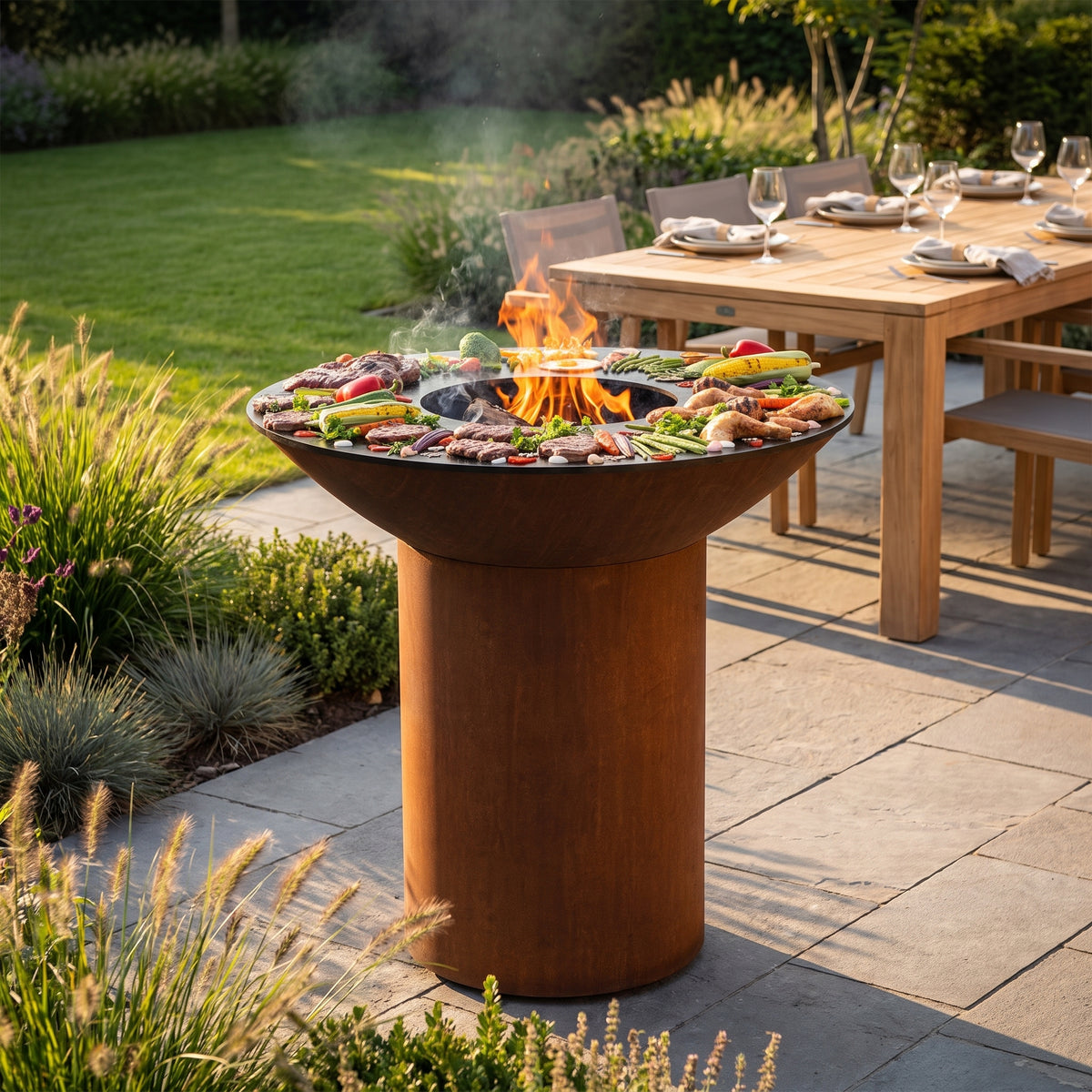 Arteflame wood-fired flat-top grill with round Corten steel base: How to Pick the Right Size Grill for Your Backyard