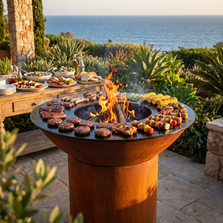 Arteflame wood-fired flat-top grill with round Corten steel base: How to Plan a Grilling Menu for a Party