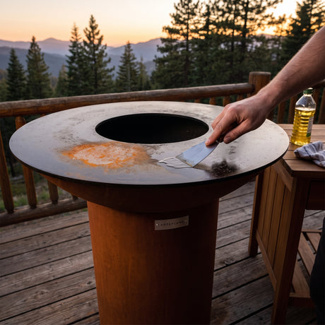 Removing light surface rust from the hot-rolled steel cooktop of an Arteflame wood-fired flat-top grill with a round Corten steel base