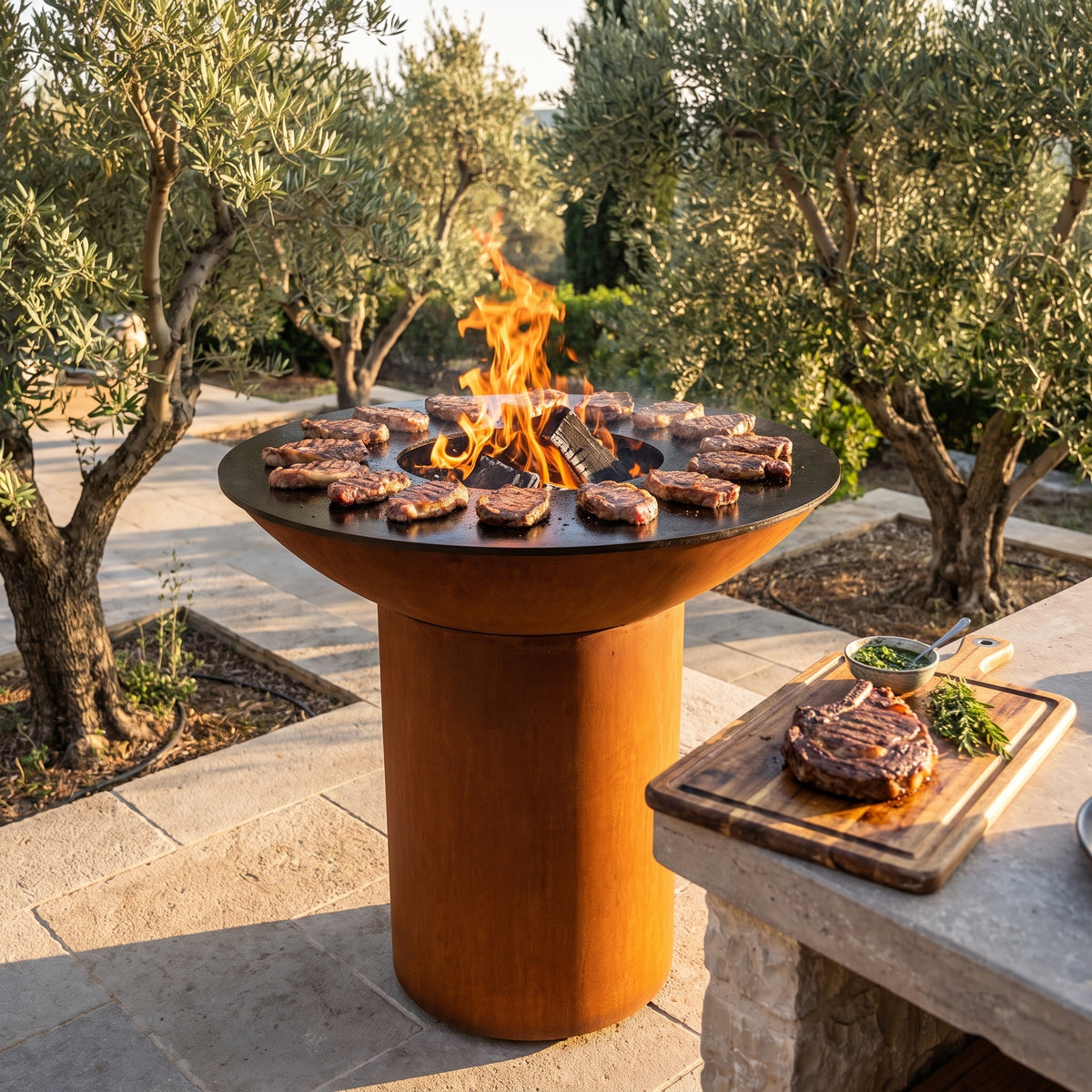 Grilled ribeye resting on a board beside an Arteflame wood-fired flat-top grill with a round Corten steel base