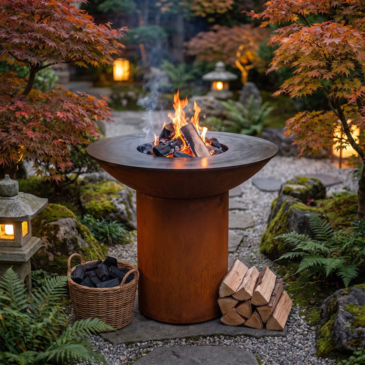 Charcoal and hardwood burning together in the fire bowl of an Arteflame wood-fired flat-top grill with a round Corten steel base