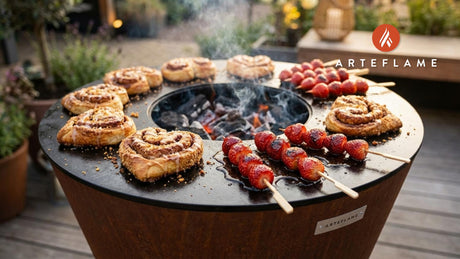 Grilled Cinnamon Roll Hearts with Strawberry Skewers and Pork Panko Crunch