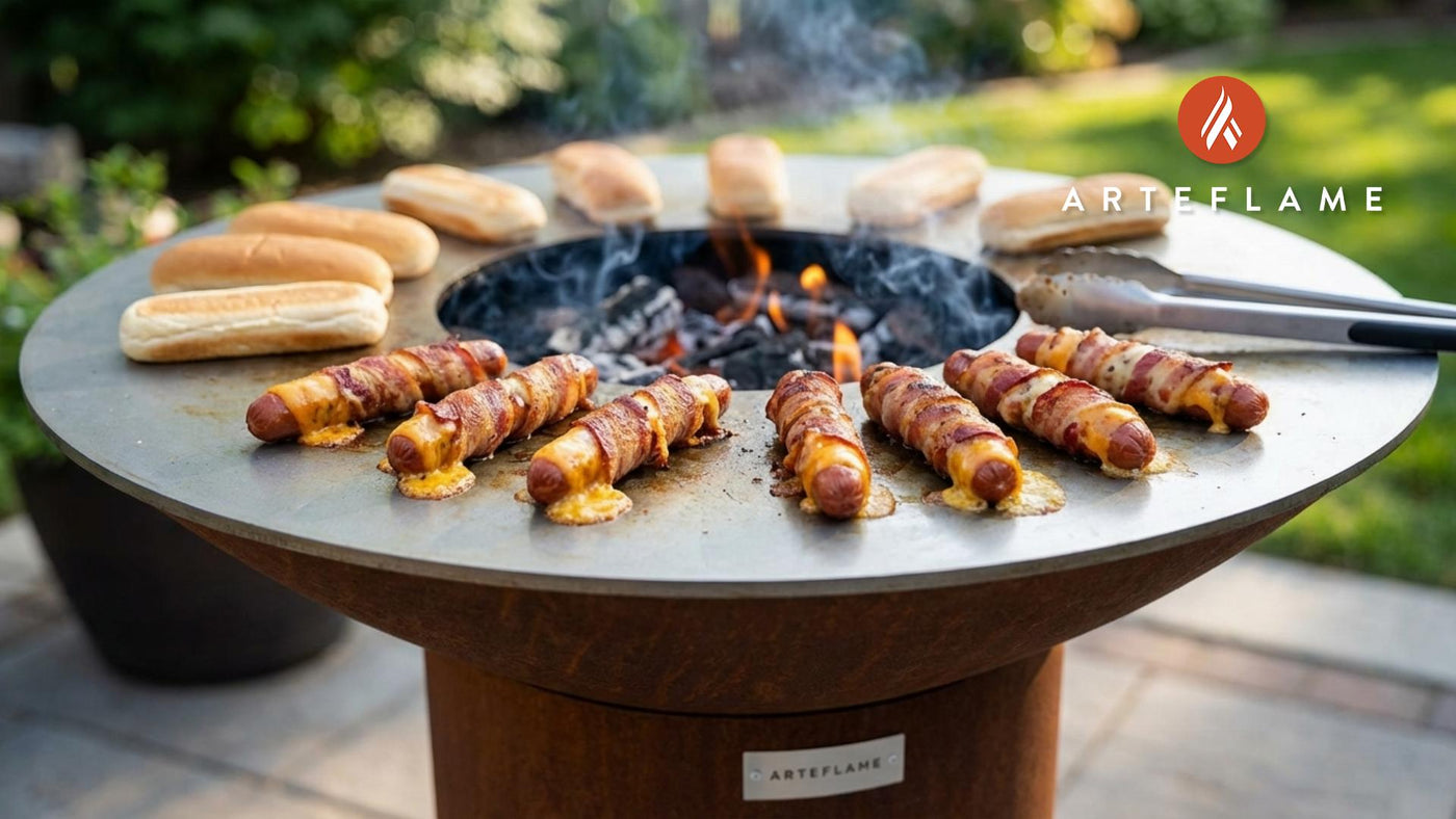 Grilled Bacon-Wrapped Hot Dogs with Melted Cheese