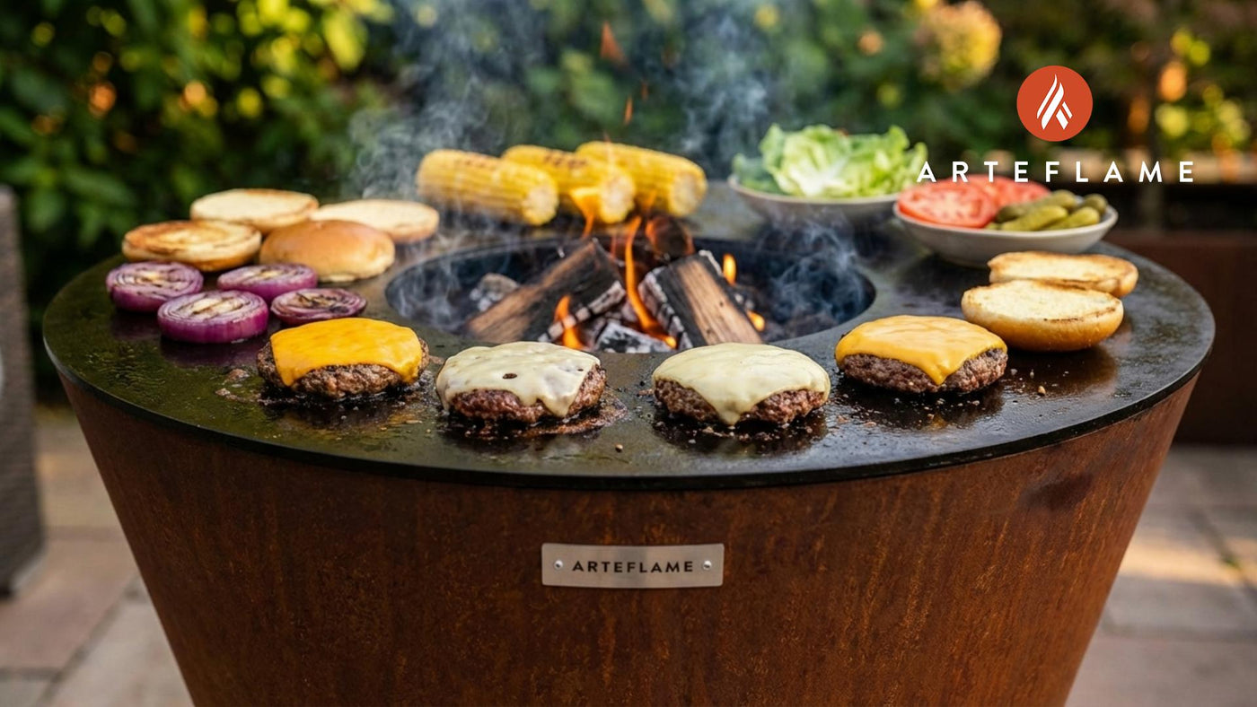 Grilled Burgers with Melted Cheese Toppings on the Arteflame Grill