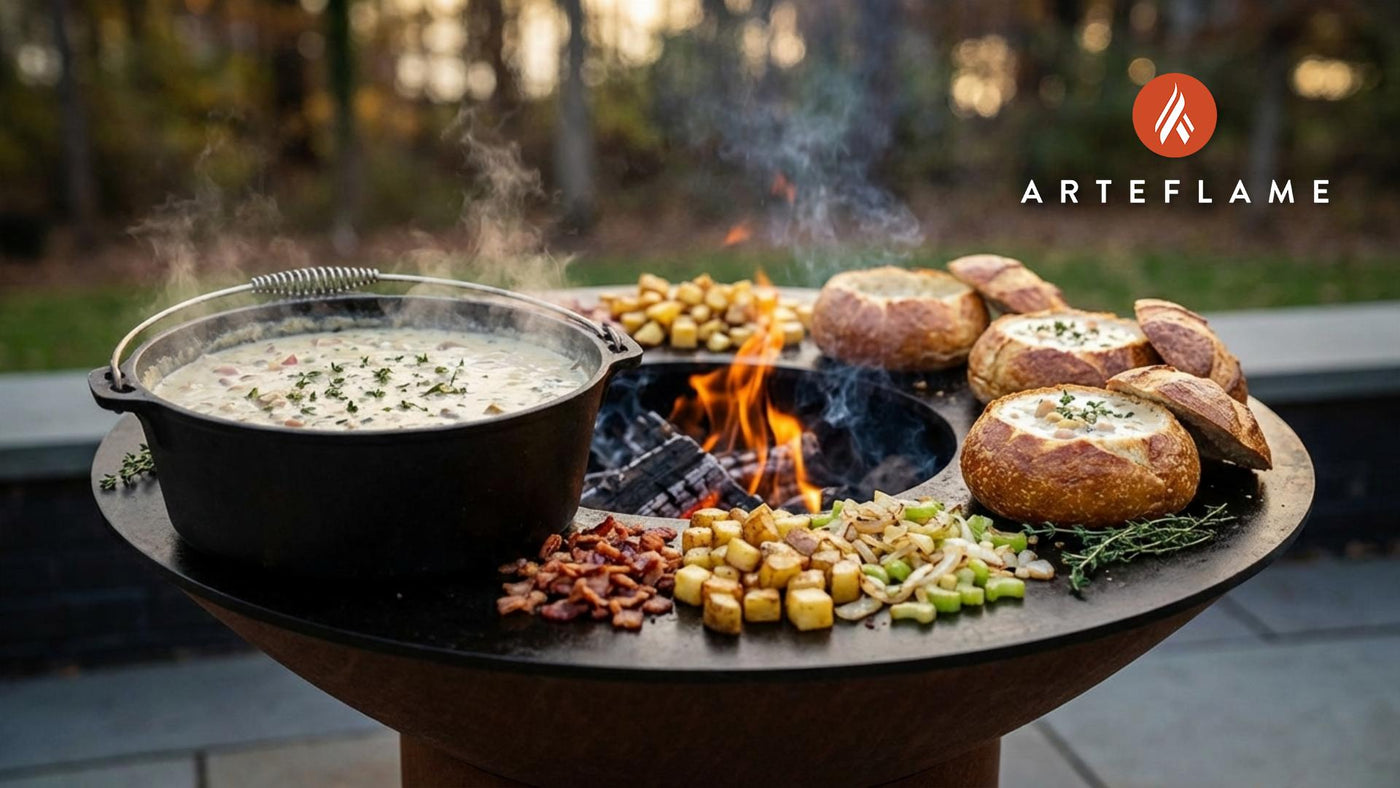 Smokey Grilled Maine Clam Chowder in Toasted Bread Bowls