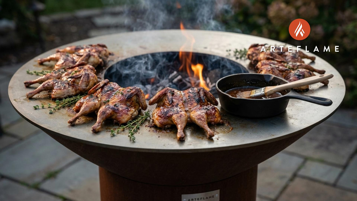 Grilled BBQ Quail with a Sticky Delaware Peach-Bourbon Glaze