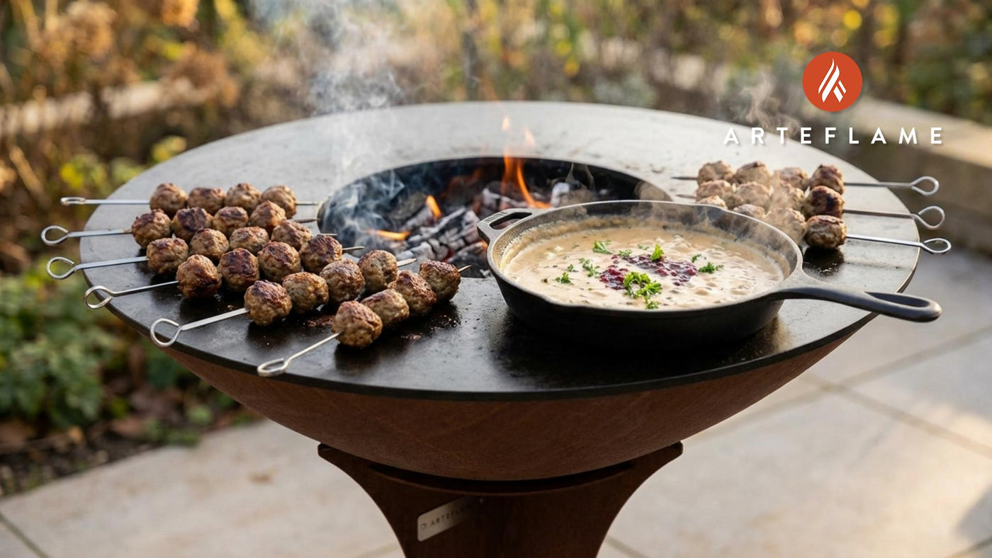 Smoky Grilled Swedish Meatball Skewers with Rich Creamy Gravy