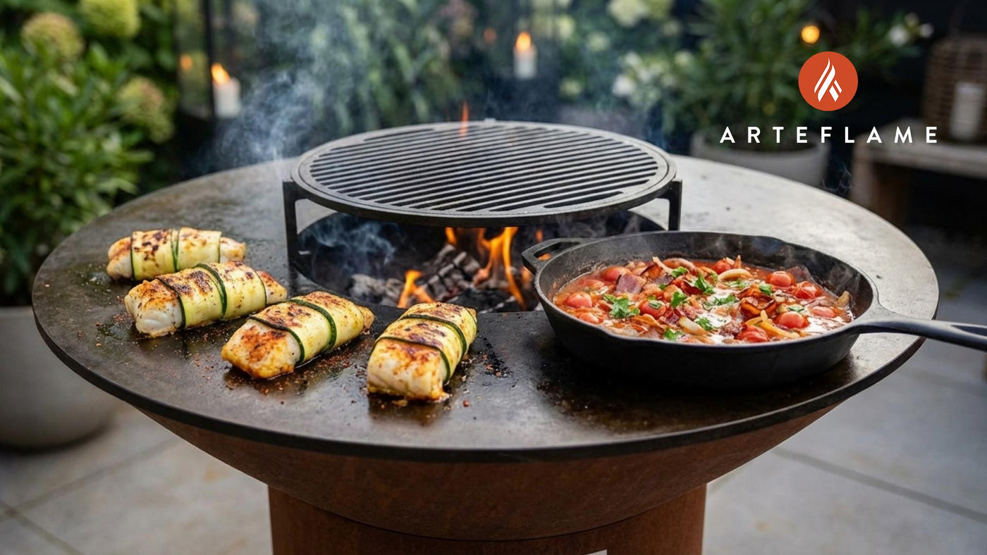 Grilled Cod Wrapped in Zucchini with Tomato-Bacon Sauce