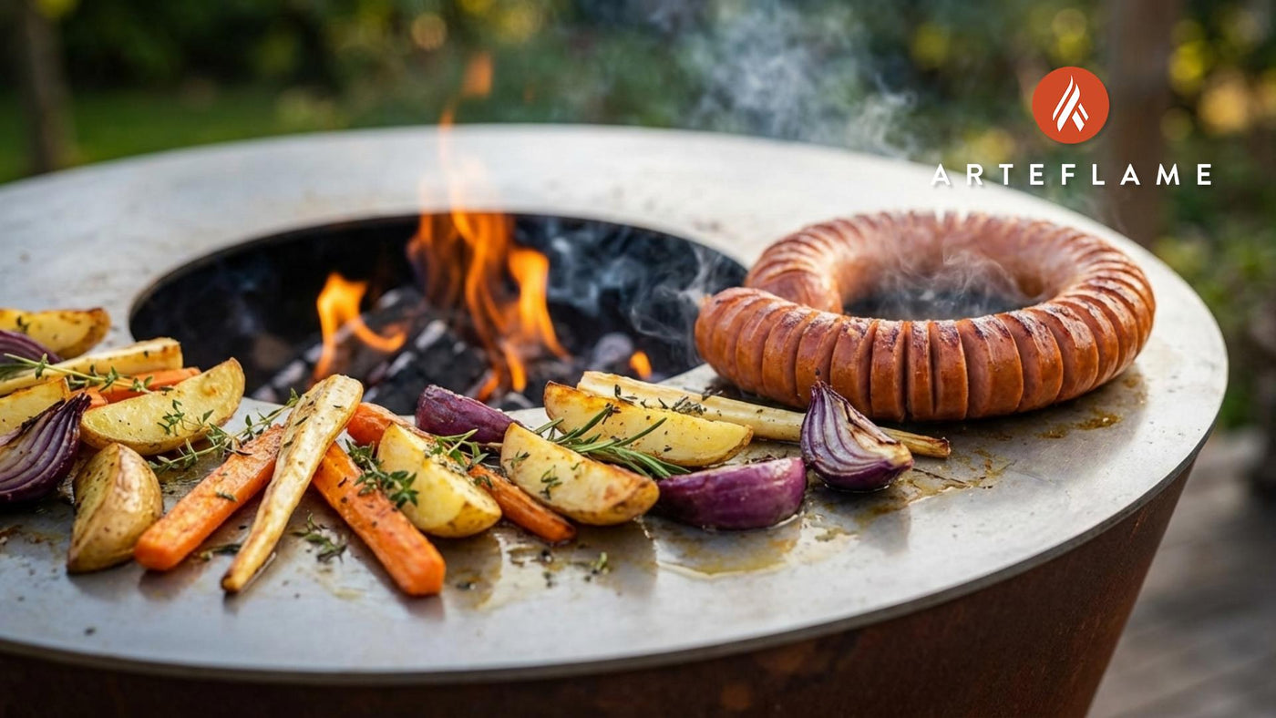 Grilled Swedish Falukorv with Roasted Root Vegetables