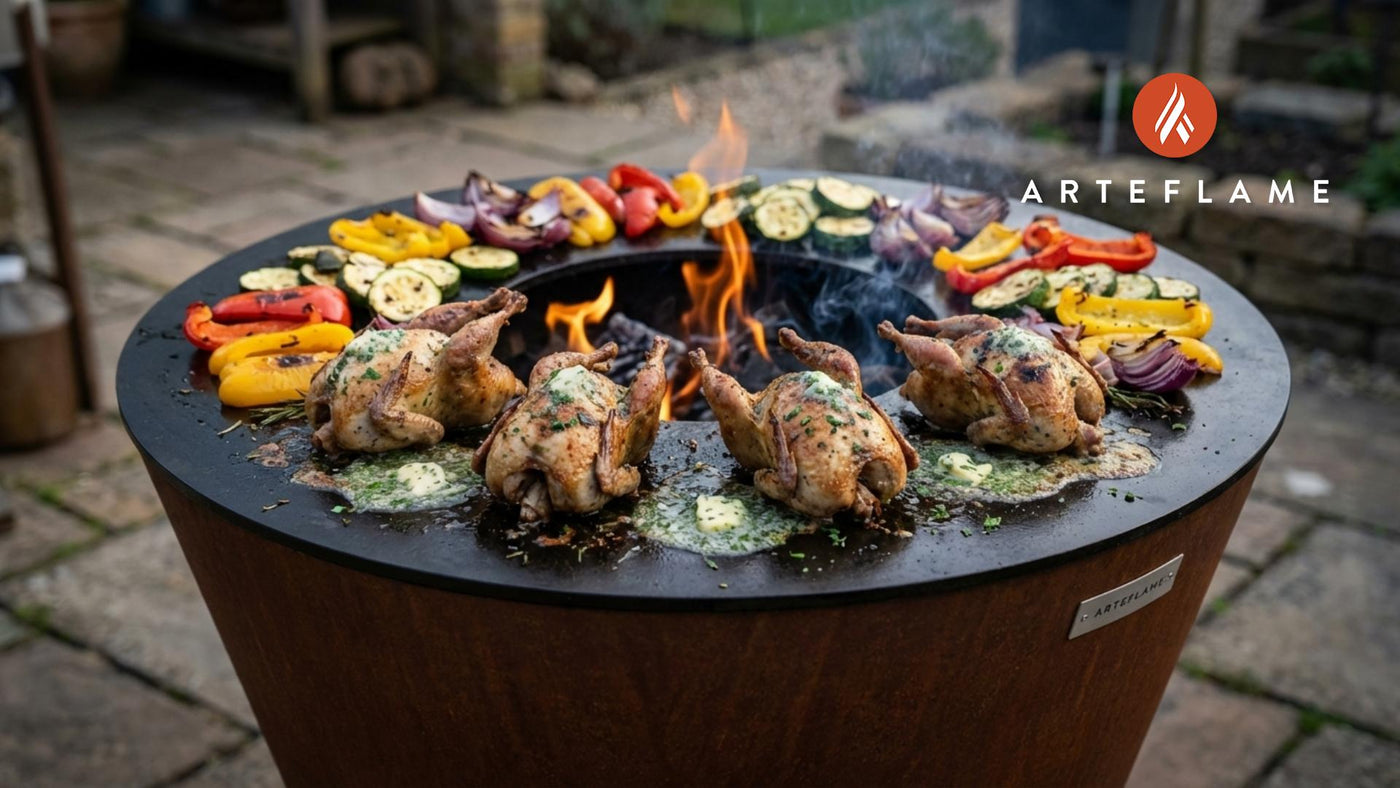 Grilled Quail with Herb Butter and Fire-Roasted Vegetables
