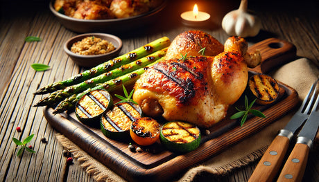 Perfectly grilled chicken thighs and drumsticks with golden, crispy skin, served on a wooden board with fresh herbs and grilled vegetables like asparagus and zucchini.