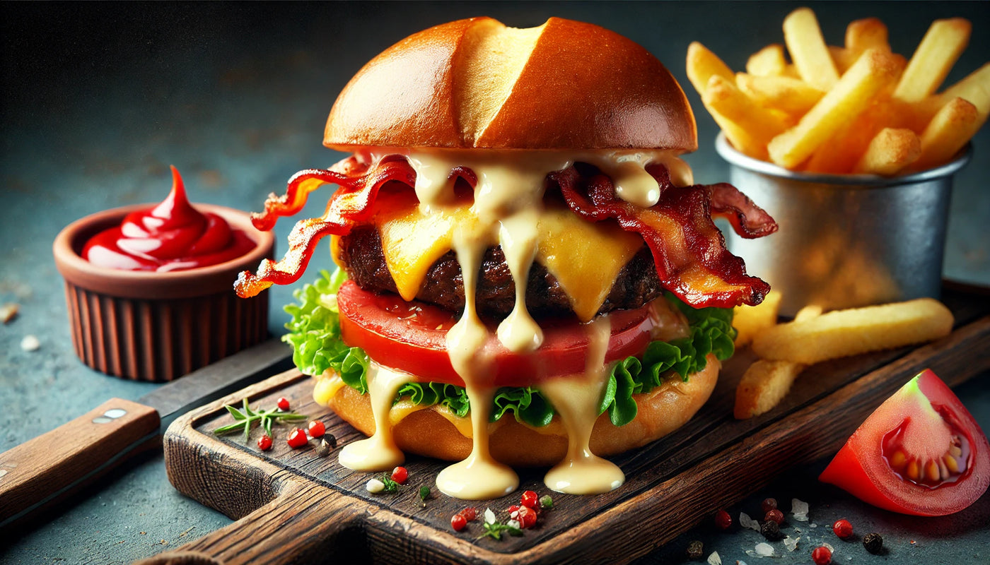 Juicy grilled hamburger topped with melted cheese, crispy bacon, lettuce, and tomato on a toasted bun.