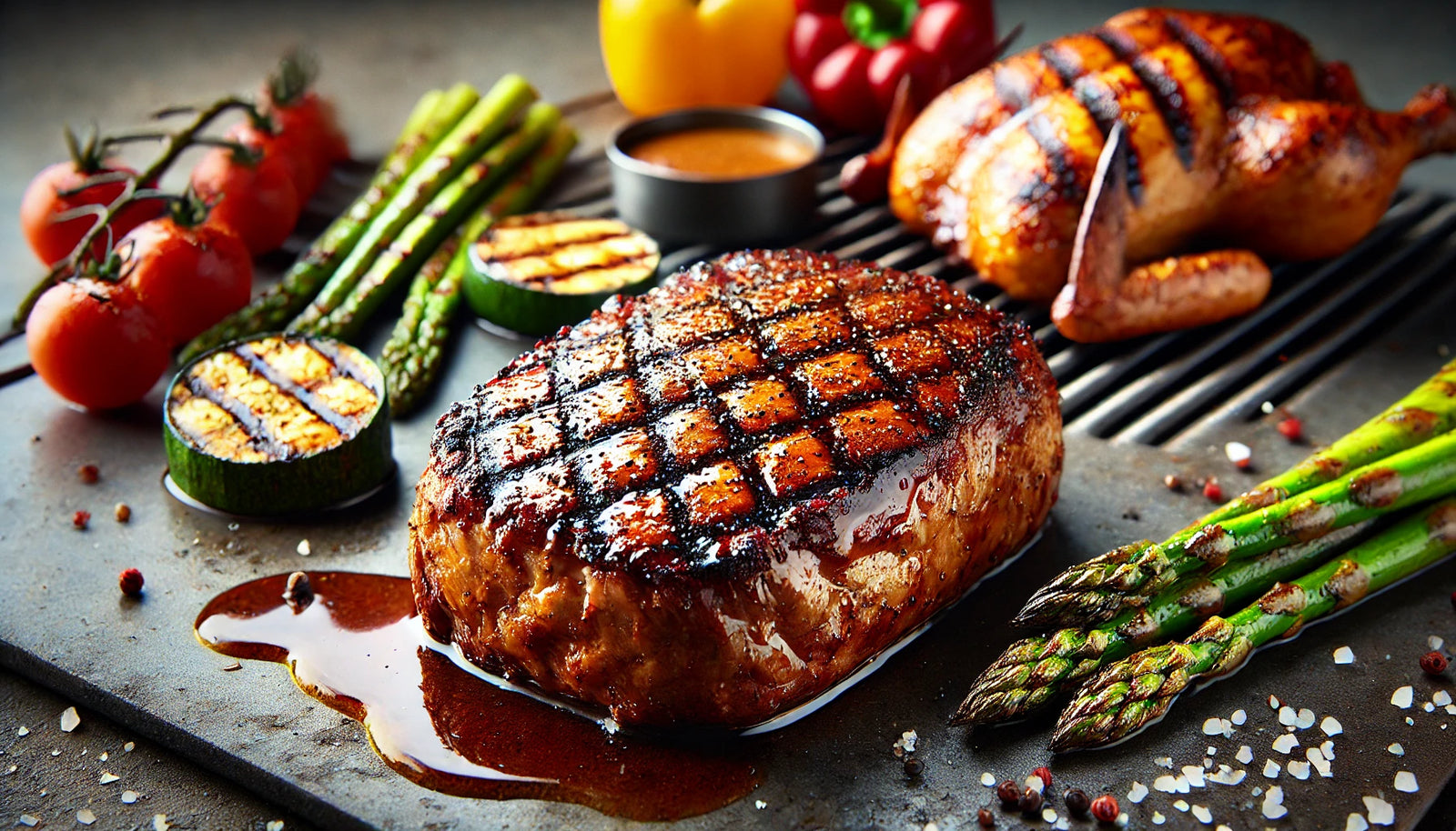 Juicy Seared Steak and Chicken with Vegetables on Flat Griddle