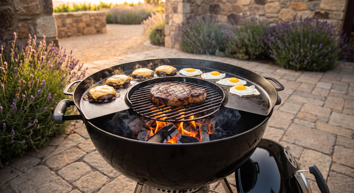 Arteflame griddle insert in a round kettle grill: Upgrade Kingsford Grills: Griddle Insert