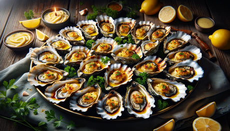 large platter filled with 24 grilled oysters, each topped with golden garlic butter and garnished with parsley and lemon zest