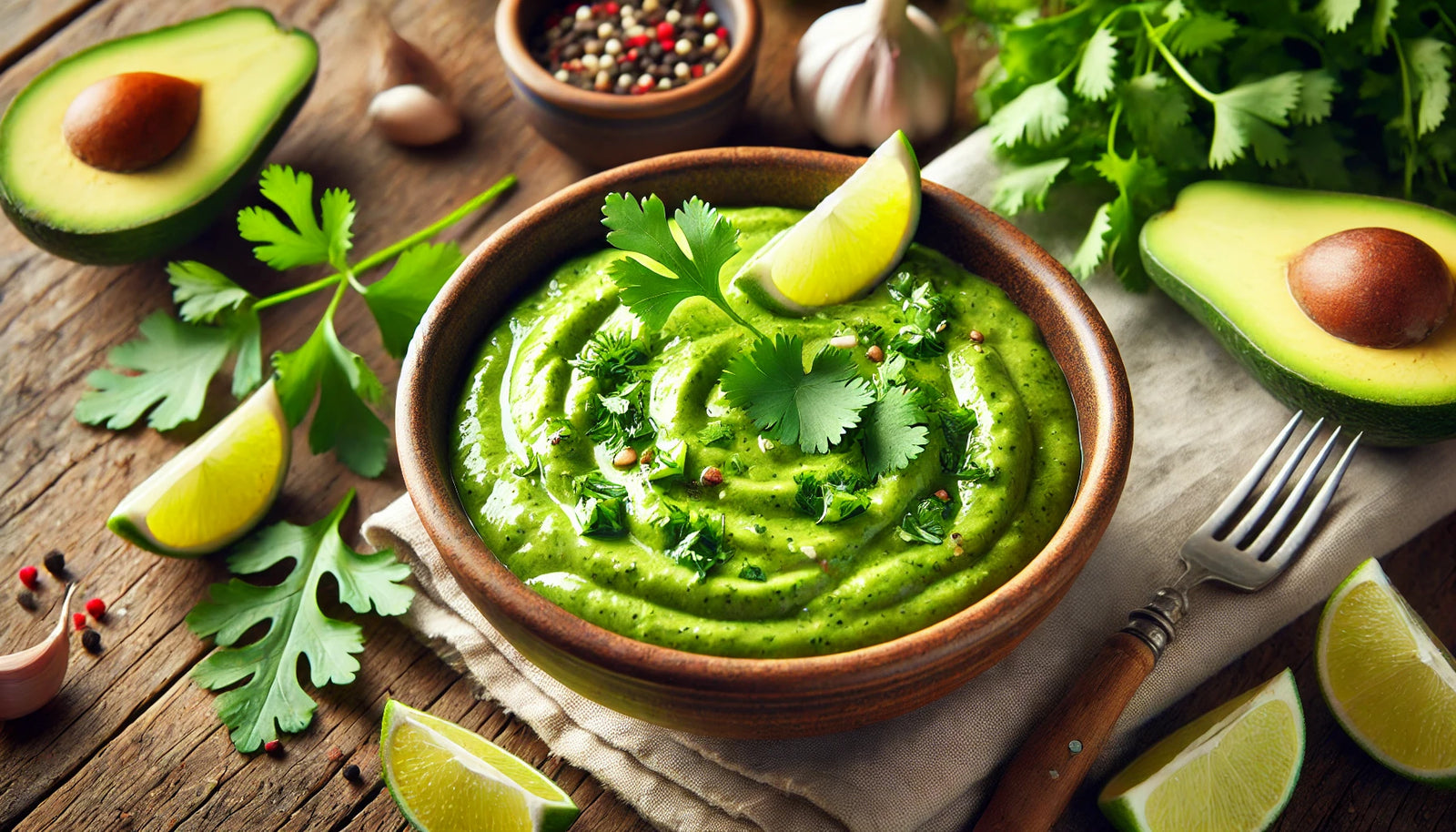 vibrant, creamy Magic Green Sauce, made with avocado, cilantro, and lime, ready to be served