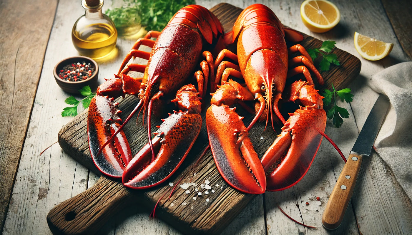 A male and female lobster side by side on a rustic wooden board, with visual comparisons highlighting their differences in claws and tails.