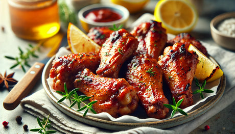 marinated chicken wings grilled to golden-brown perfection, garnished with fresh herbs and lemon wedges