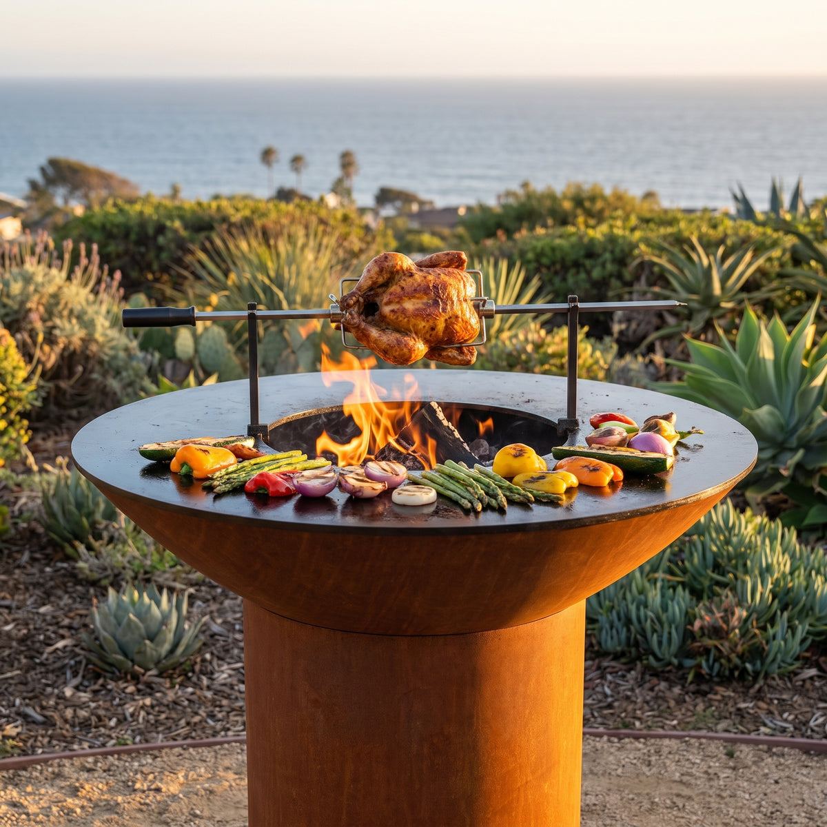 Rotisserie chicken turning over the wood fire on an Arteflame wood-fired flat-top grill with a round Corten steel base