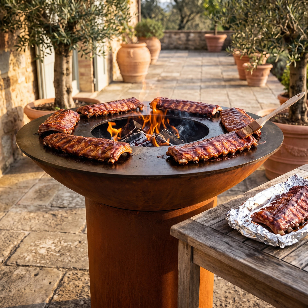 Barbecue ribs basted using the 3-2-1 method on an Arteflame wood-fired flat-top grill with a round Corten steel base