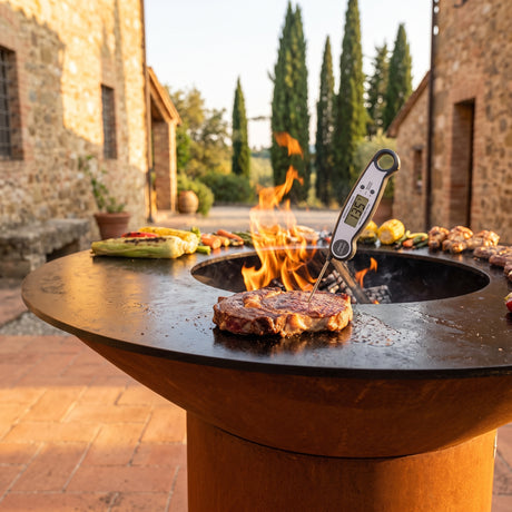 Meat thermometer in a ribeye reading medium-rare on an Arteflame wood-fired flat-top grill with a round Corten steel base