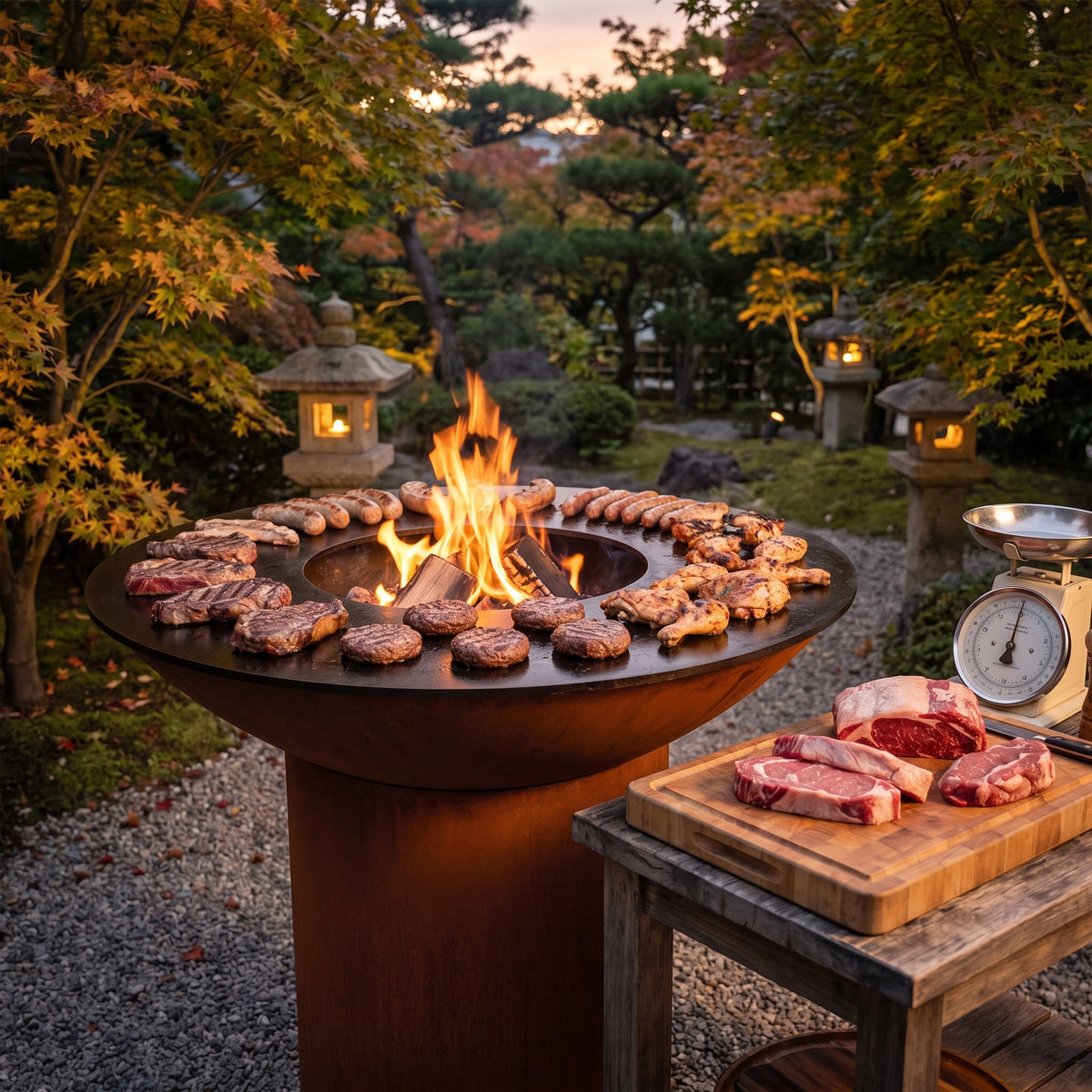 Steaks, burgers, chicken and sausages portioned for a group on an Arteflame wood-fired flat-top grill with a round Corten steel base
