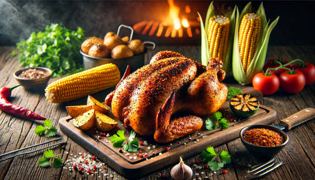 A juicy rotisserie chicken seasoned with McCormick Mesquite seasoning, resting on a wooden cutting board. It is surrounded by grilled corn on the cob, crispy potatoes, and fresh herbs in a rustic outdoor setting.