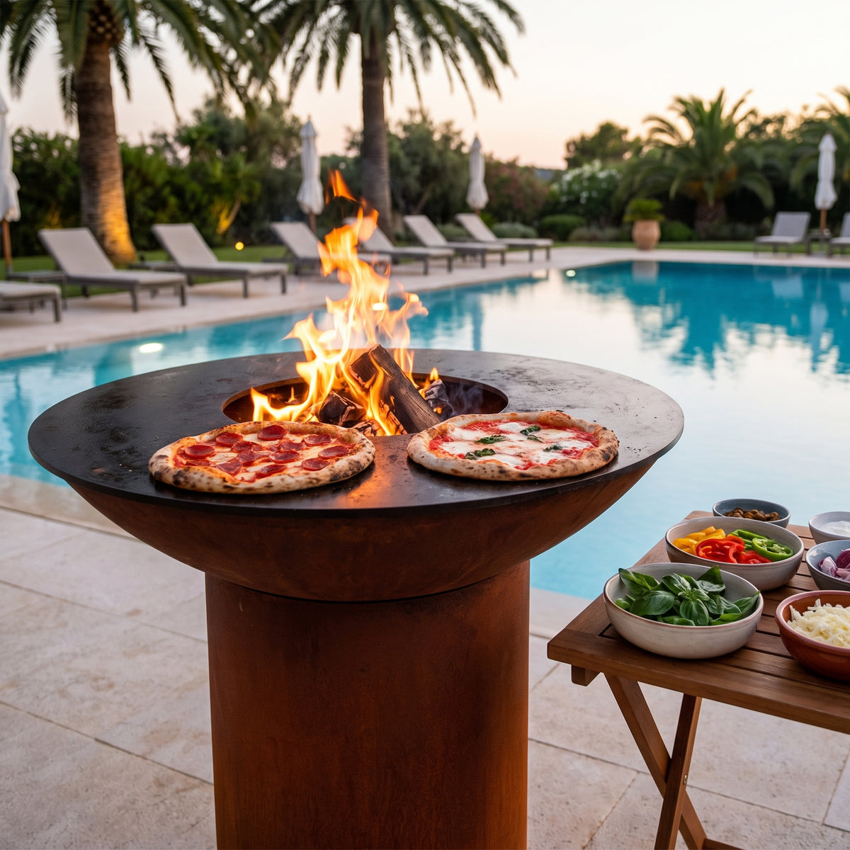 Arteflame wood-fired flat-top grill with round Corten steel base: Most Popular Pizza Toppings