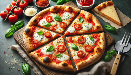 New York-style pizza, showcasing its thin, crispy crust and deliciously melted mozzarella and tomato sauce