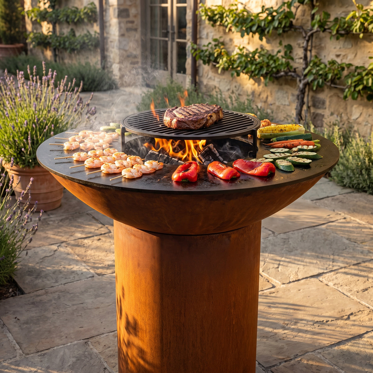 Arteflame wood-fired flat-top grill with round Corten steel base: Nexgrill Replacement Grates