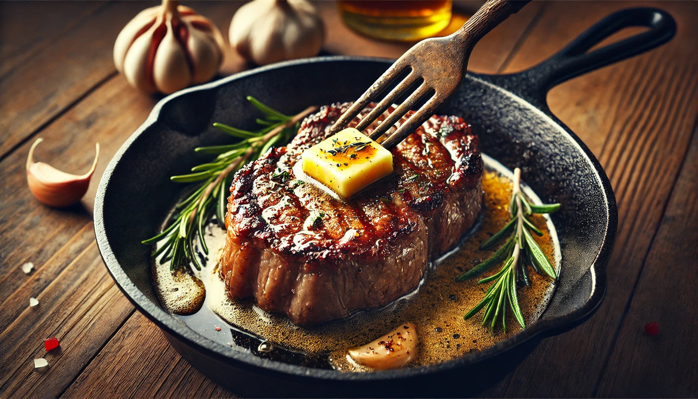 A perfectly pan-seared steak with a golden-brown crust in a cast-iron skillet, basted with butter, garlic, and rosemary, on a rustic wooden surface.