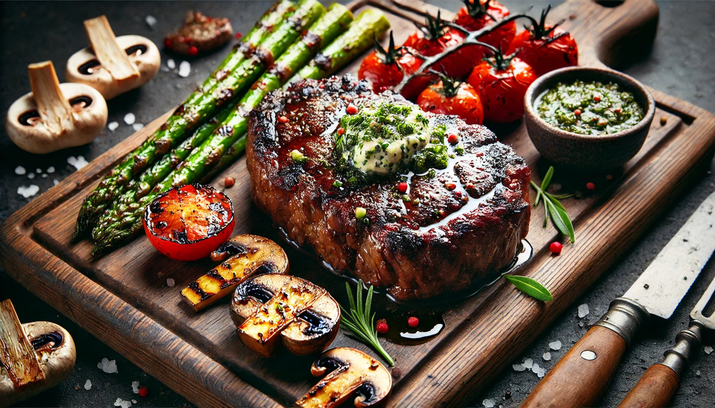 A perfectly barbecued steak with a deep sear, garnished with herb butter, served alongside grilled vegetables on a rustic wooden board.