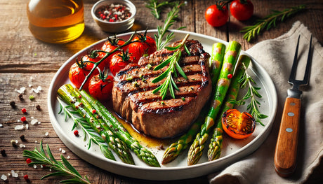 A perfectly seared, juicy grilled steak with rosemary and thyme garnish, surrounded by grilled vegetables on a white plate, set on a rustic wooden table.